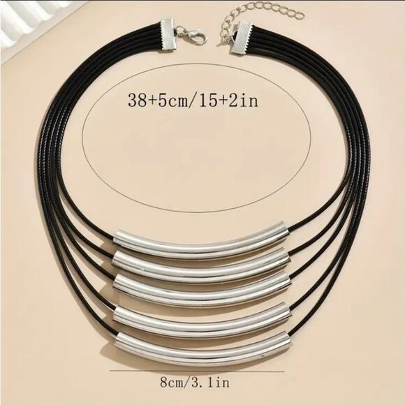 Multilayer Silver Tube Statement Necklace - Picture 6 of 6